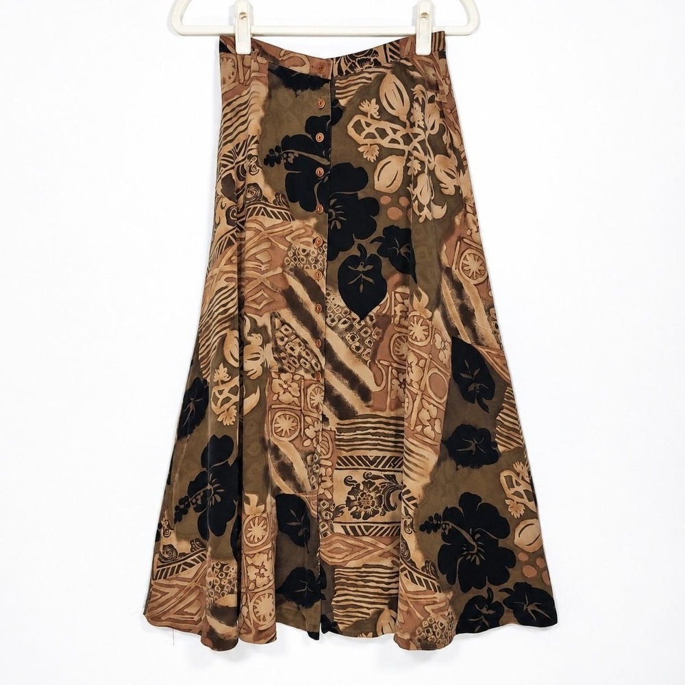 Jones New York Silk Maxi Skirt 8 Brown Black Tropical Floral Button Front 90s